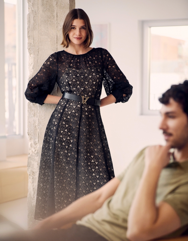 Vestido midi manga larga guipur negro