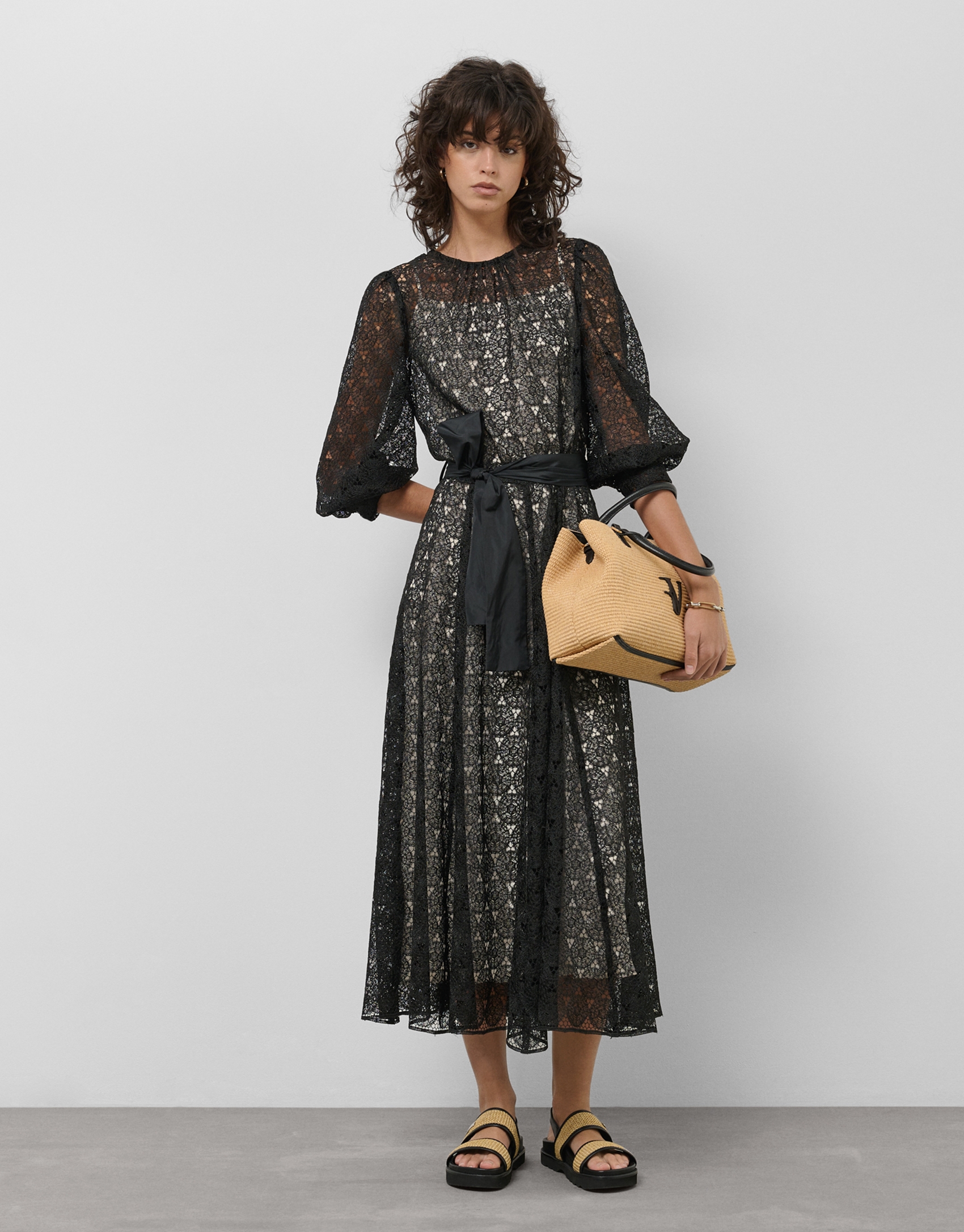 Black midi guipure dress with long sleeves