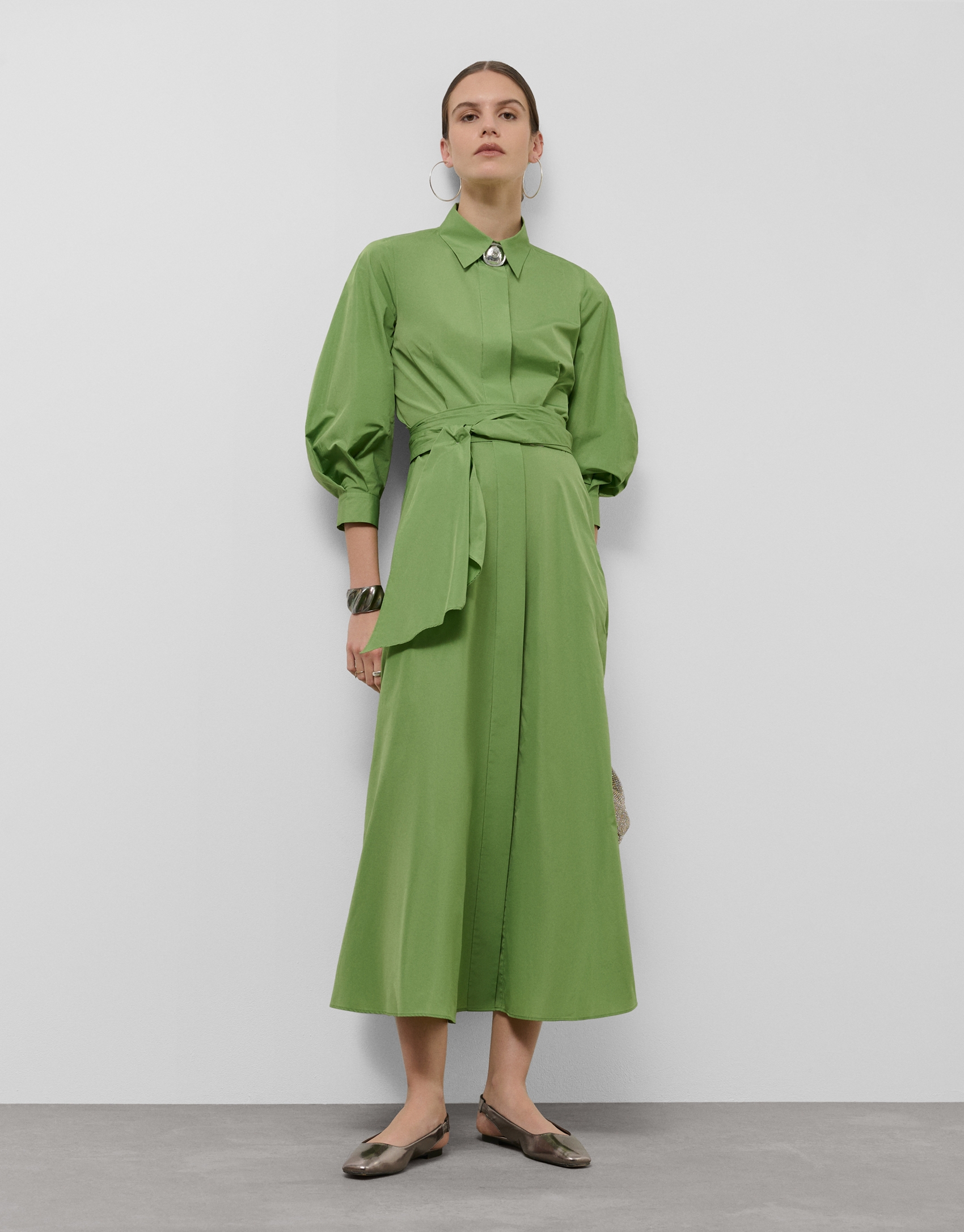 Green taffeta long sleeve midi shirt dress
