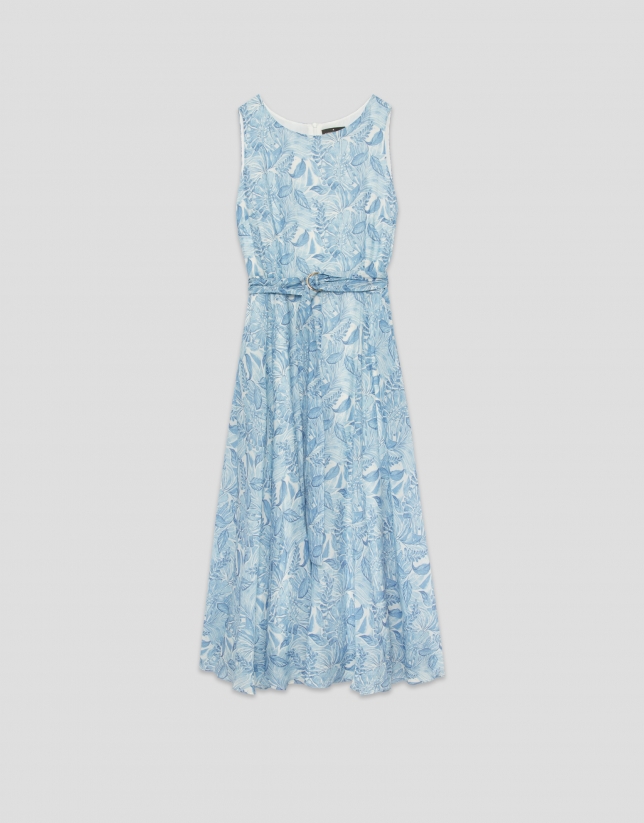 Blue midi sleeveless chiffon dress with decorative plant print