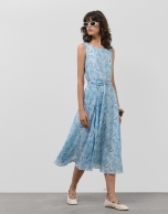 Blue midi sleeveless chiffon dress with decorative plant print