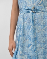 Blue midi sleeveless chiffon dress with decorative plant print