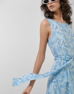 Blue midi sleeveless chiffon dress with decorative plant print