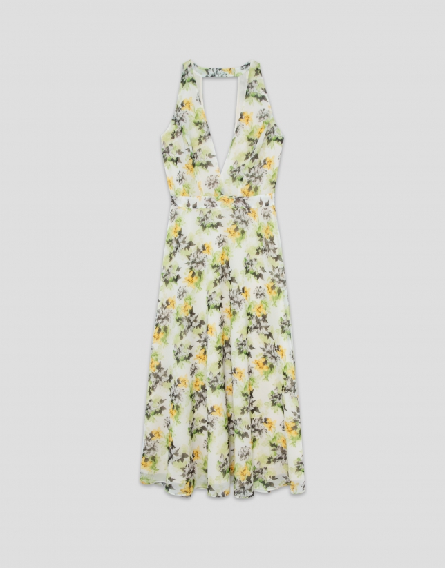 Cream georgette crepe midi dress with halter top and floral print
