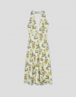 Cream georgette crepe midi dress with halter top and floral print