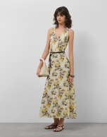 Cream georgette crepe midi dress with halter top and floral print