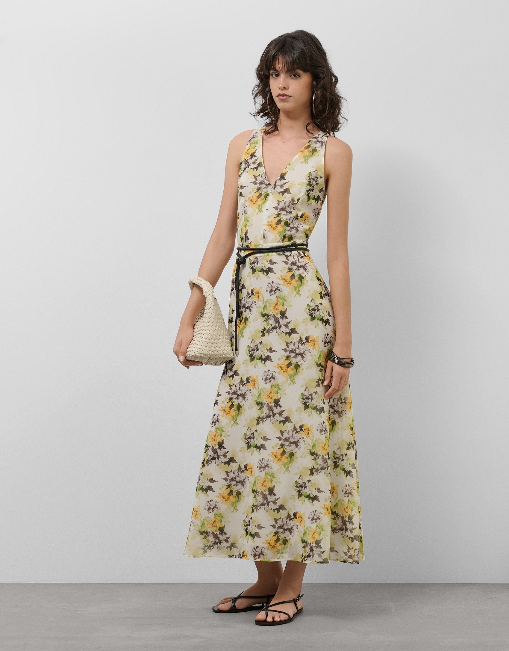 Cream georgette crepe midi dress with halter top and floral print