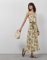 Cream georgette crepe midi dress with halter top and floral print