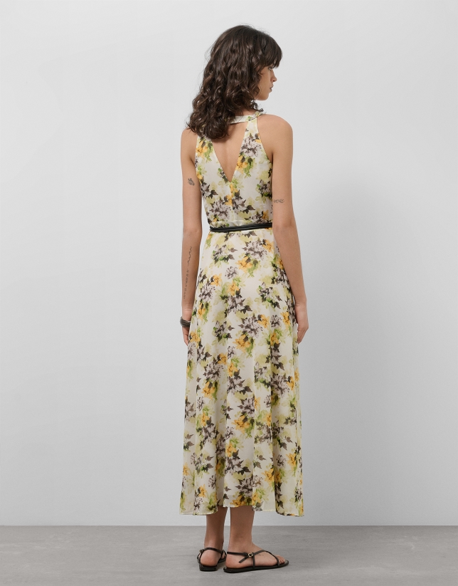 Cream georgette crepe midi dress with halter top and floral print