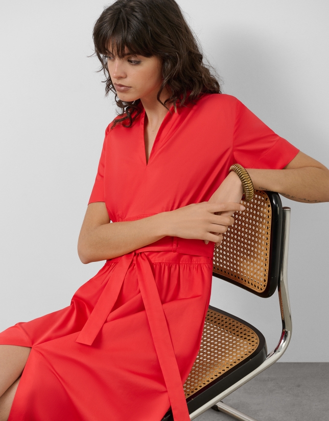 Vestido midi camisero algodón satinado rojo
