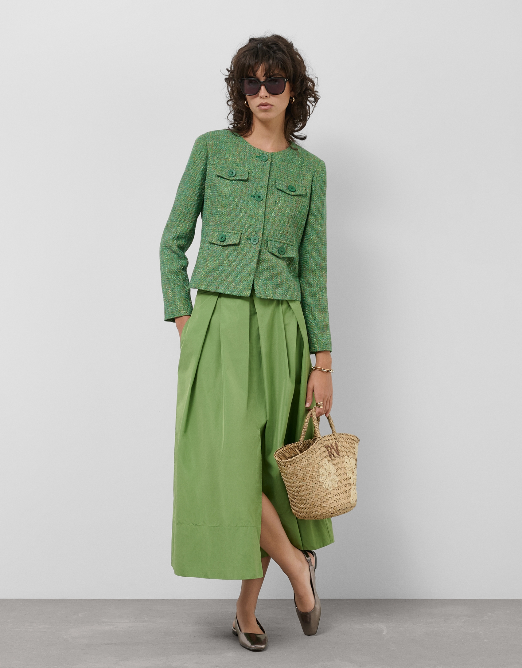 Chaqueta corta tweed tonos verde