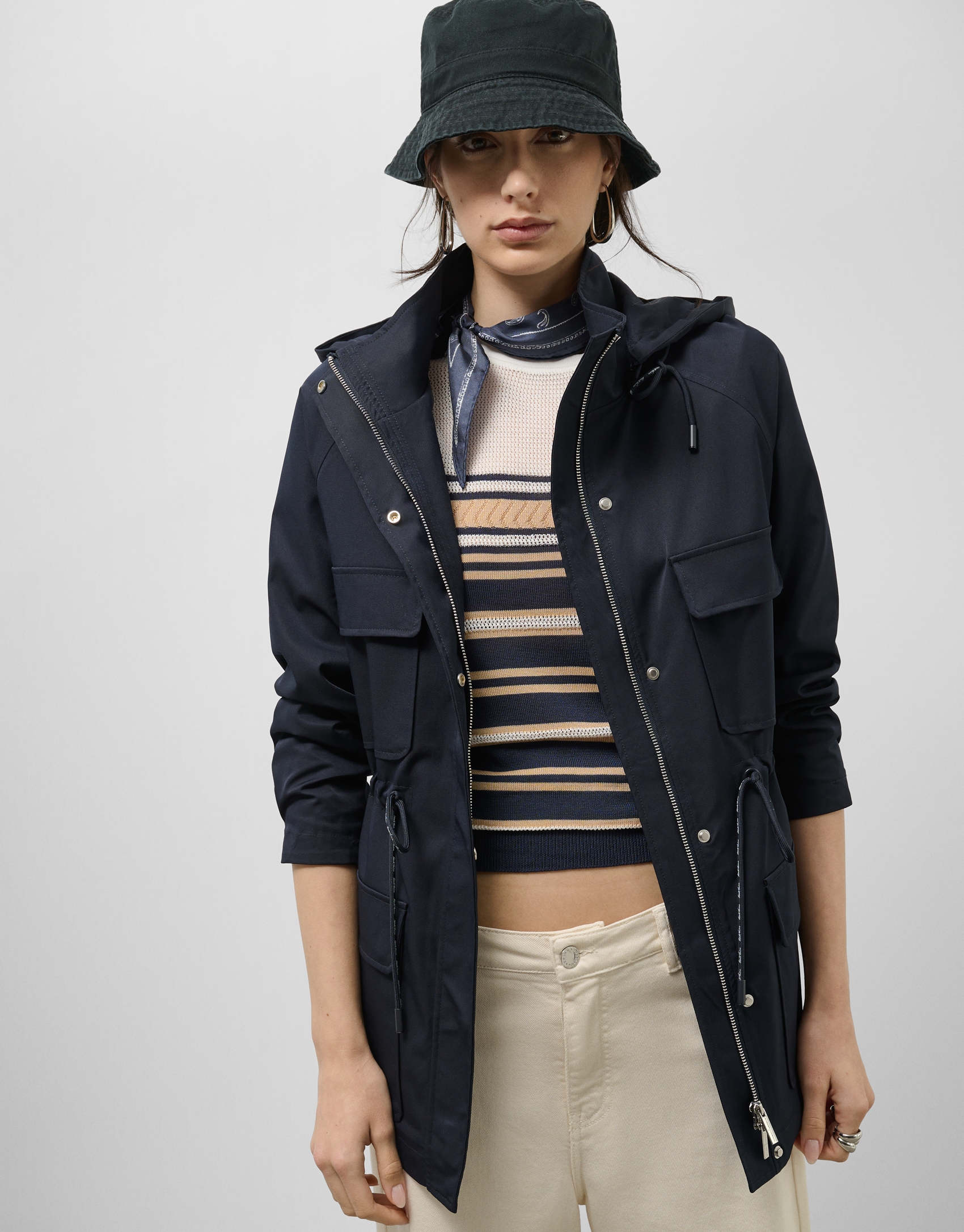 Navy blue cinched-waist hooded trench coat