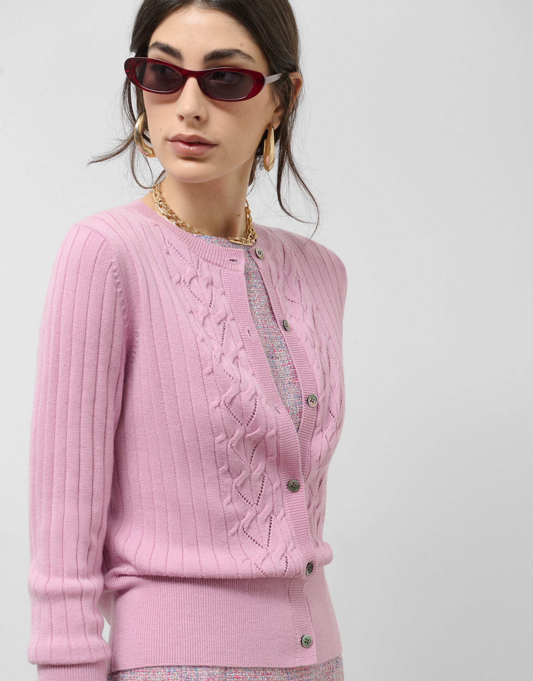 Pink cable knitted wool/cotton ribbed cardigan