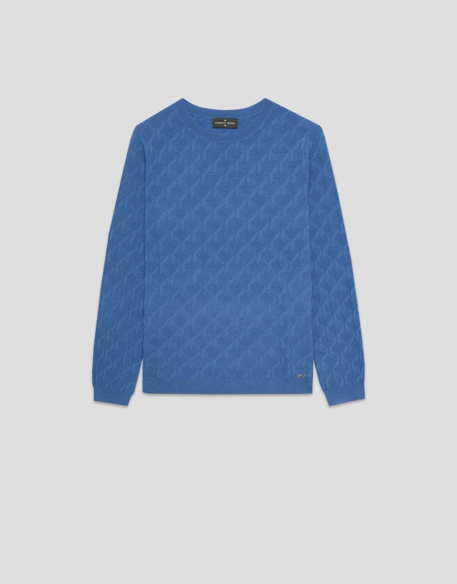 Navy blue cable knit long sleeve wool sweater