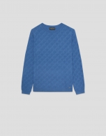 Navy blue cable knit long sleeve wool sweater