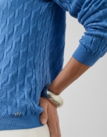Navy blue cable knit long sleeve wool sweater