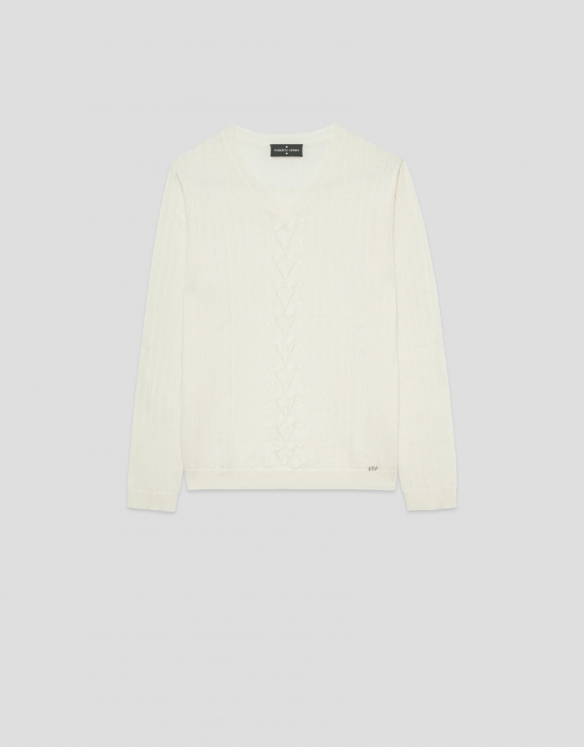 Ecru V-neck sweater with central stripe