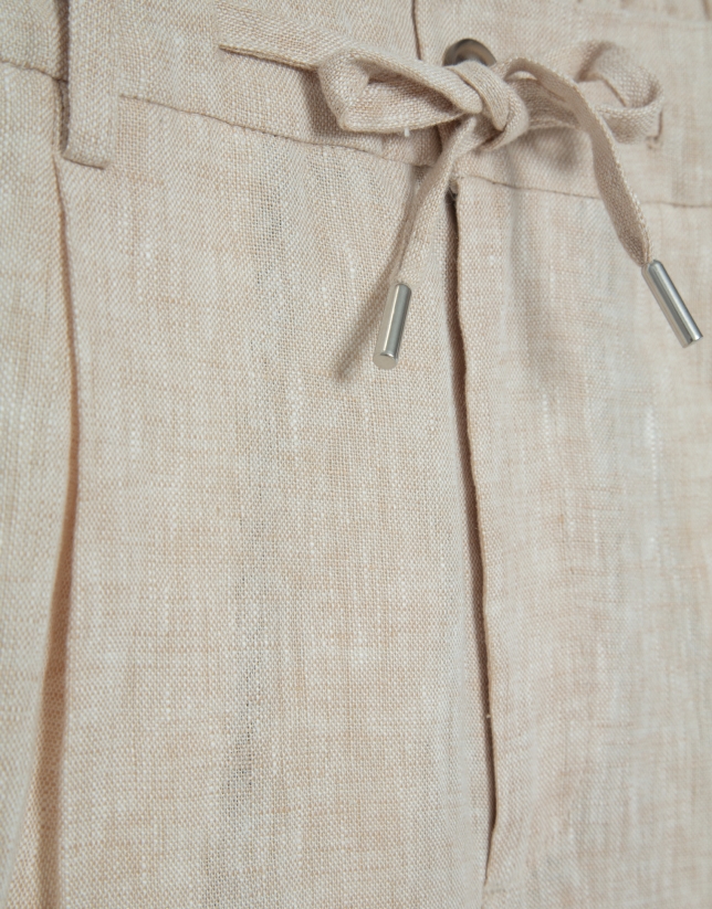 Beige melange linen pants with darts