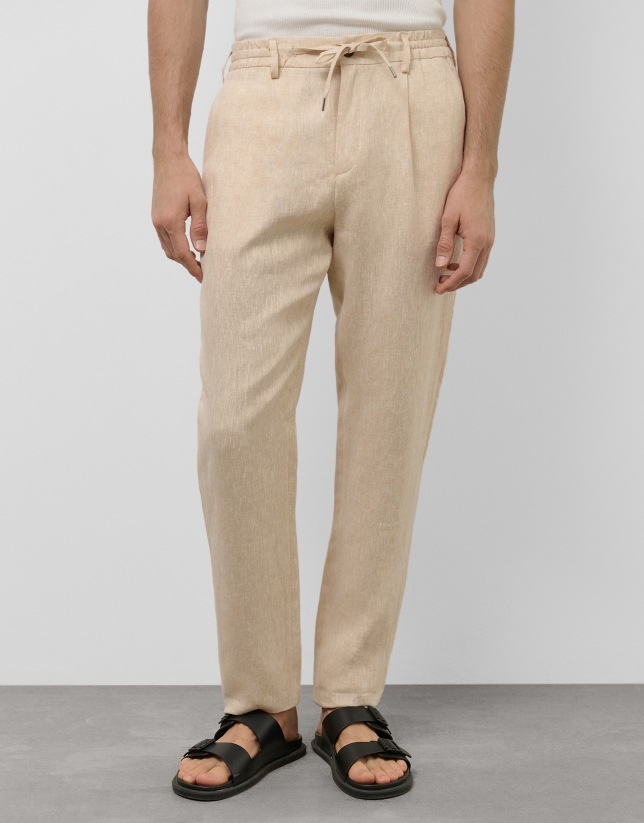Beige melange linen pants with darts