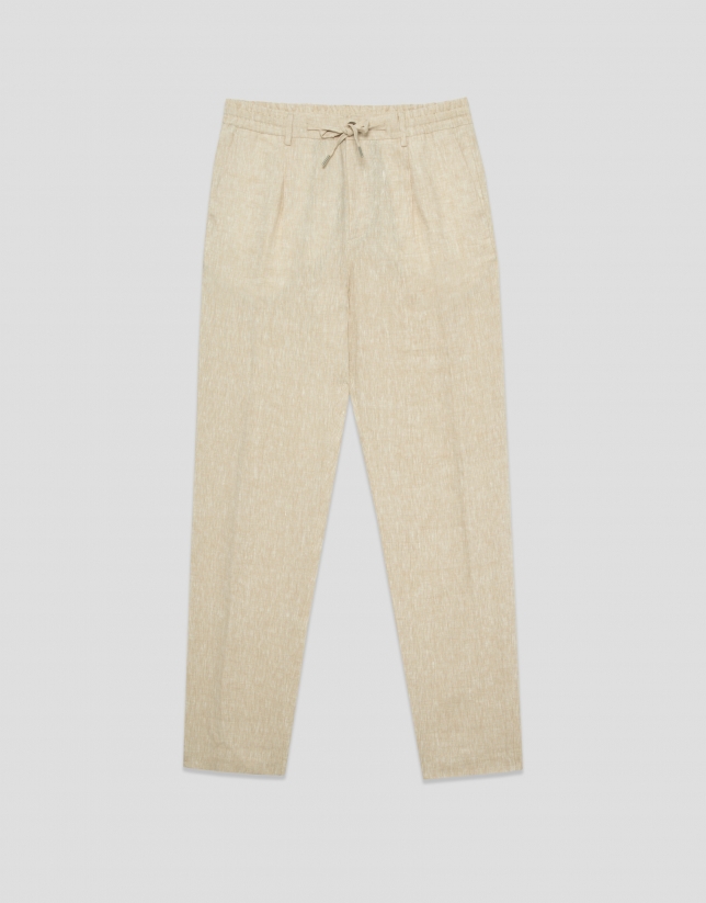 Pantalón pinzas lino color beige