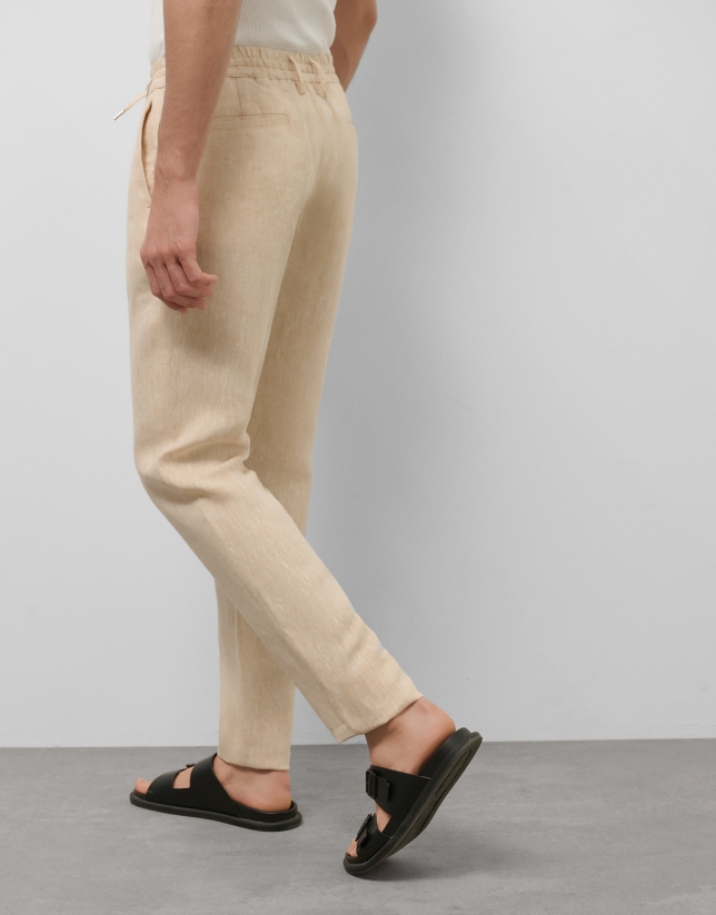 Beige melange linen pants with darts