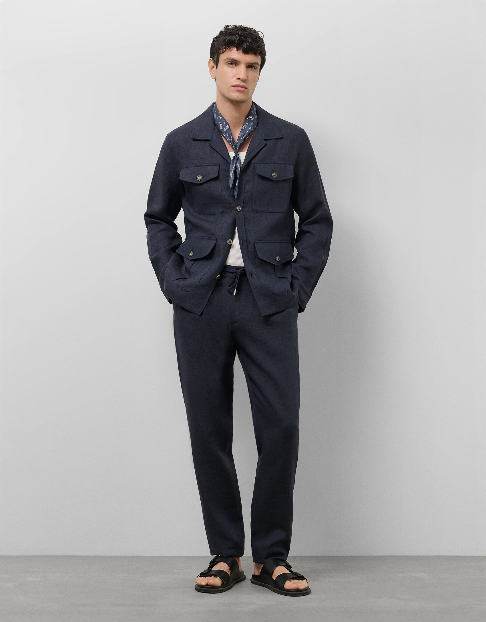 Blue melange linen pants with darts