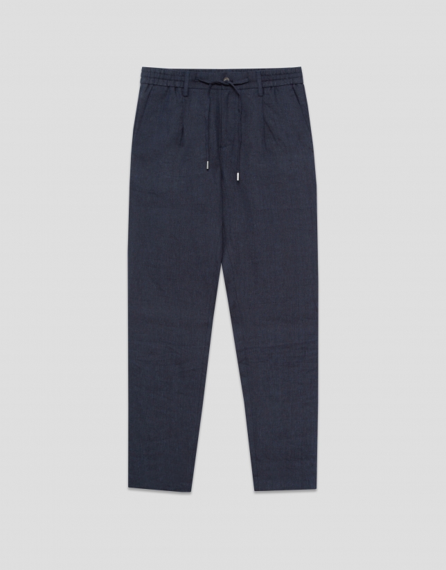 Blue melange linen pants with darts