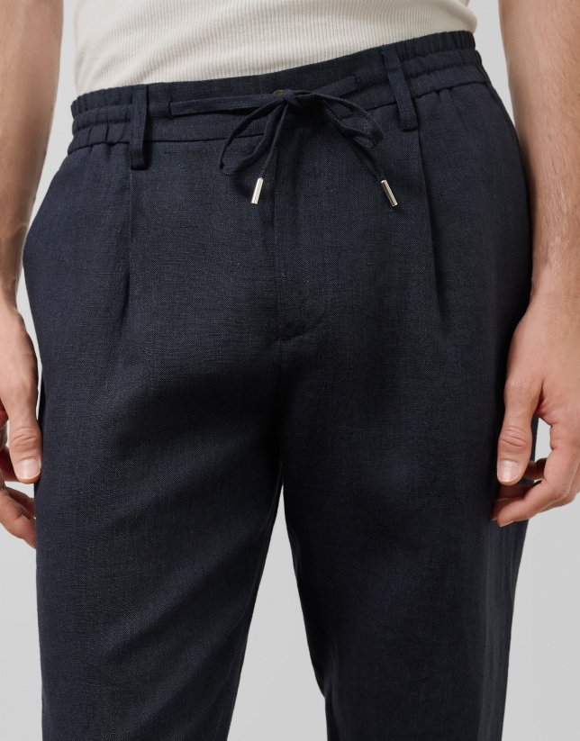 Blue melange linen pants with darts
