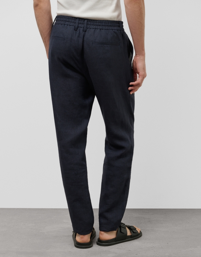 Blue melange linen pants with darts