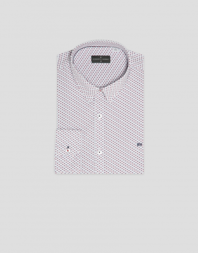 Regular white sport shirt with red/navy geometric print