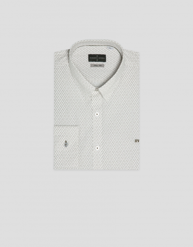 Camisa sport slim blanca estampado flor verde caqui