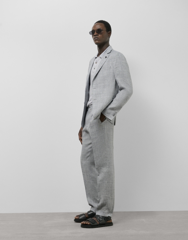 Americana lino cuadro gris y azul