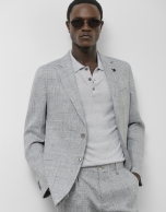 Americana lino cuadro gris y azul