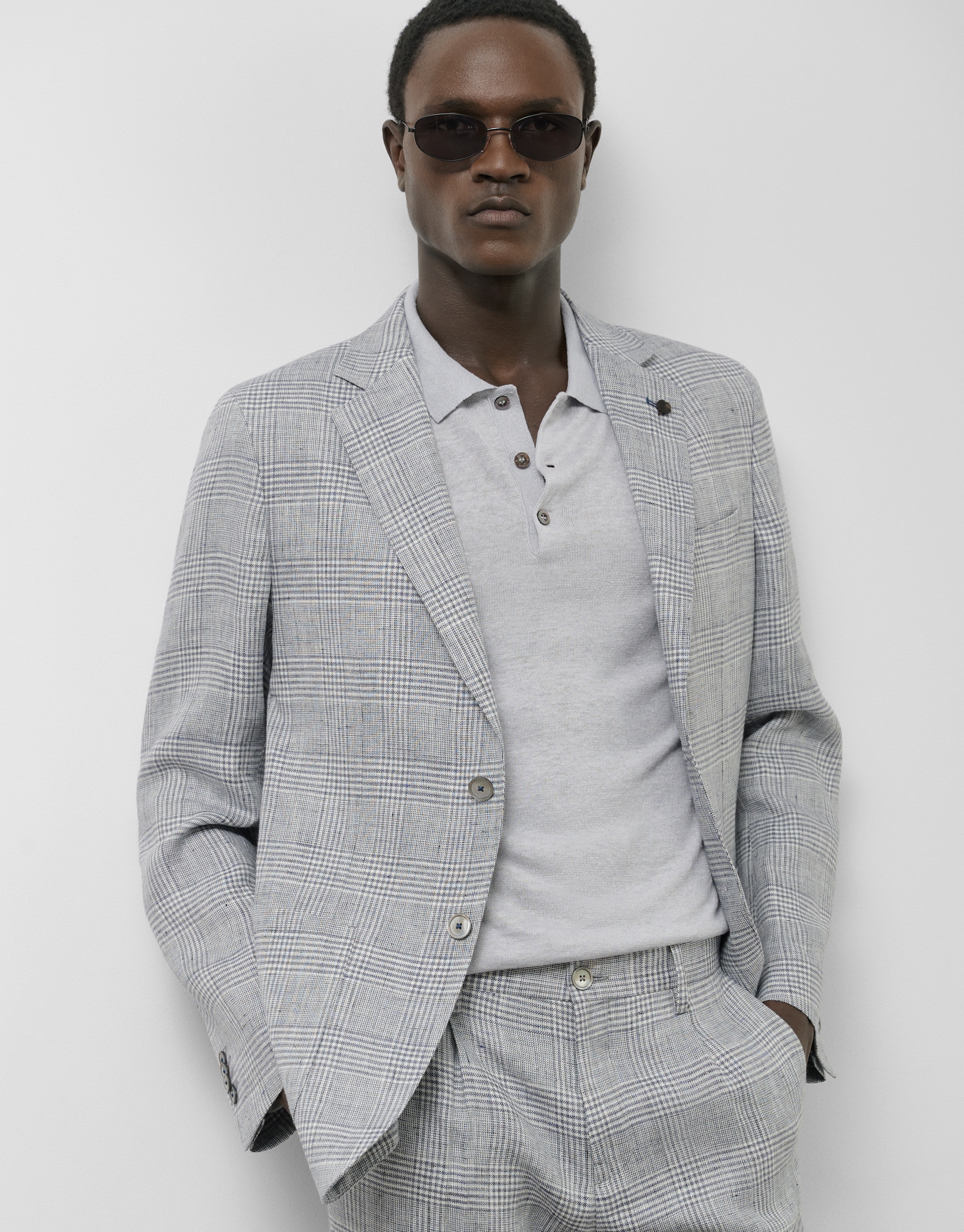 Americana lino cuadro gris y azul