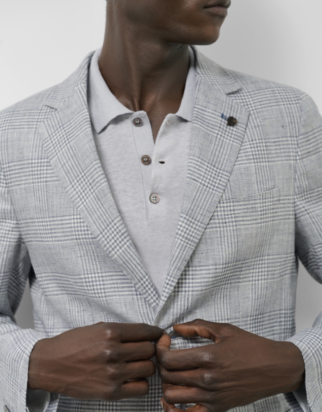 Americana lino cuadro gris y azul