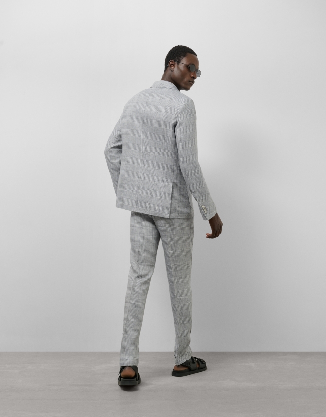 Americana lino cuadro gris y azul