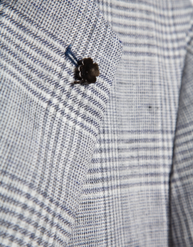 Americana lino cuadro gris y azul