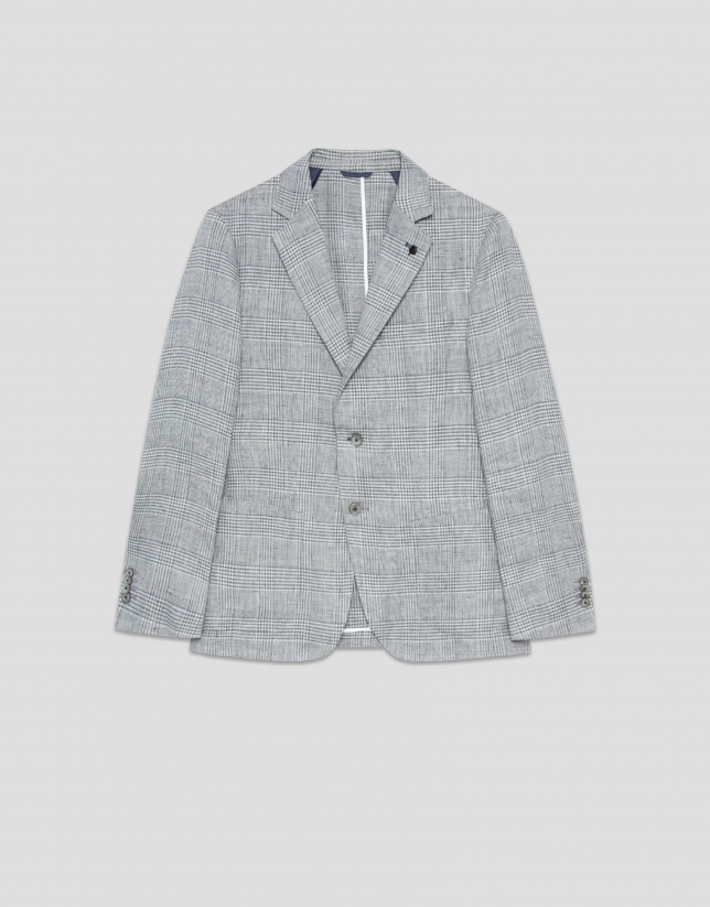 Americana lino cuadro gris y azul