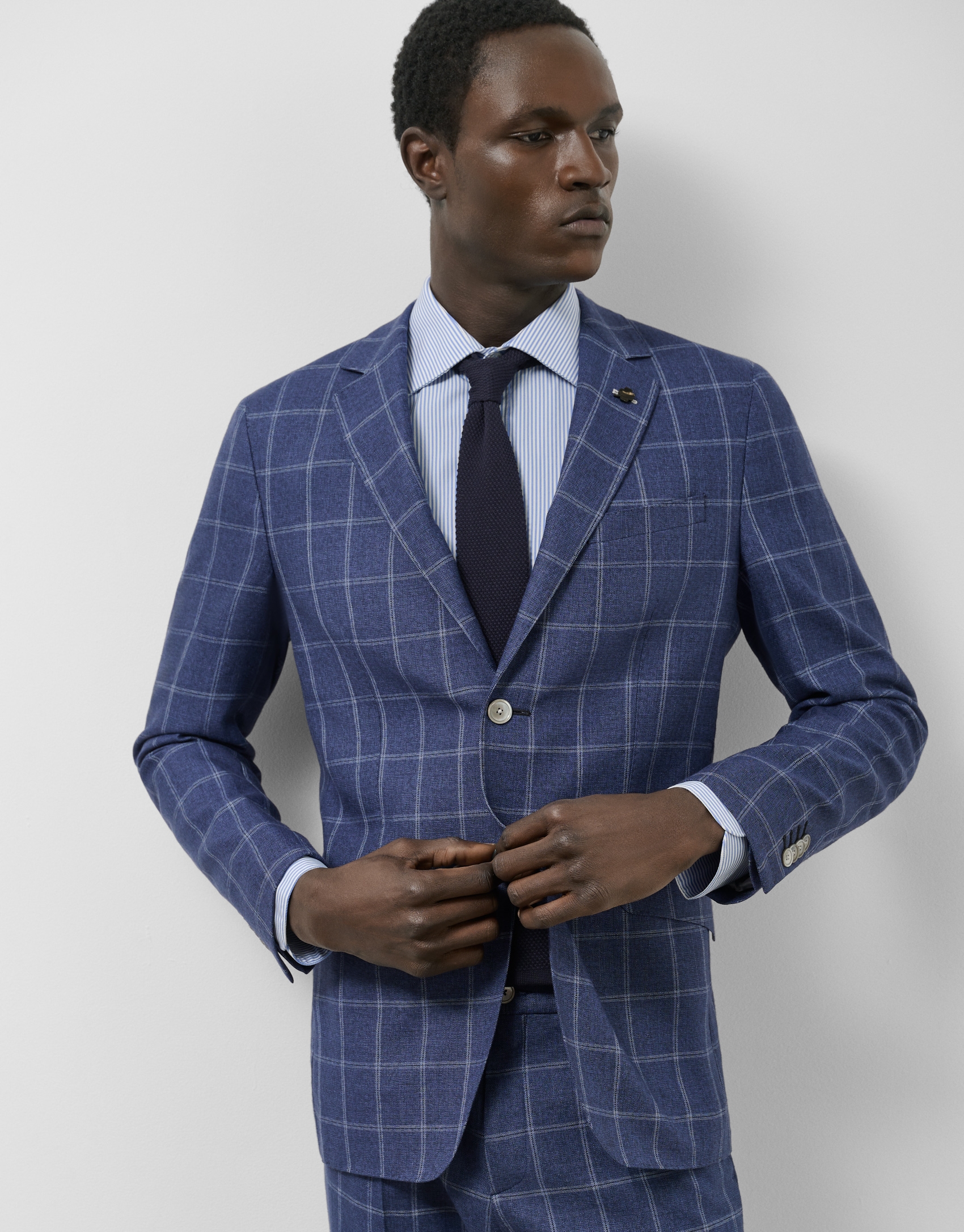 Americana lana/lino/algodón cuadros tonos azules