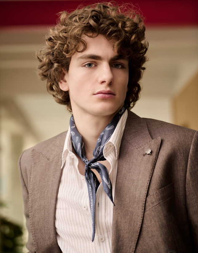 Tan linen double-breasted blazer
