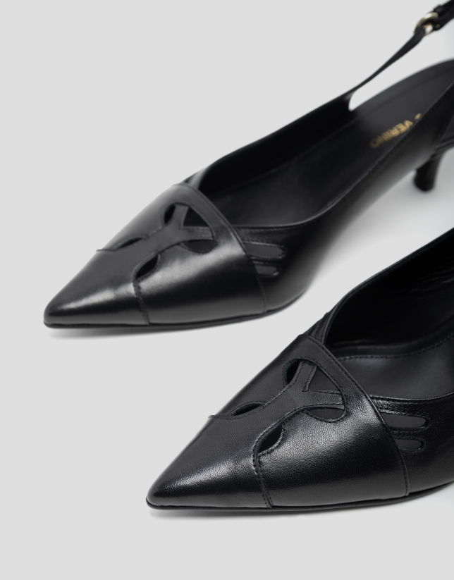 Black leather slingback pumps with cut-outs