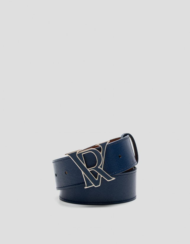 Blue Saffiano leather belt with enamelled buckle