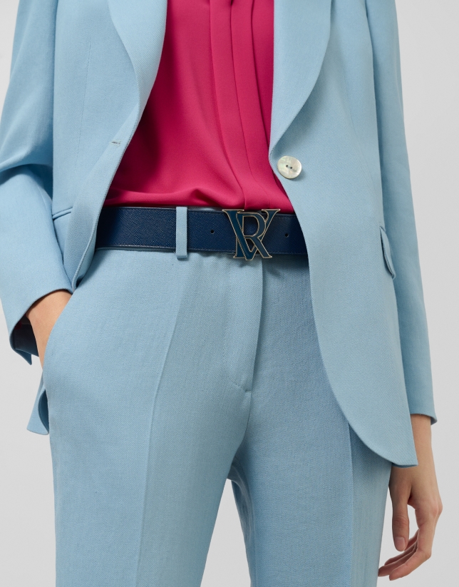 Blue Saffiano leather belt with enamelled buckle