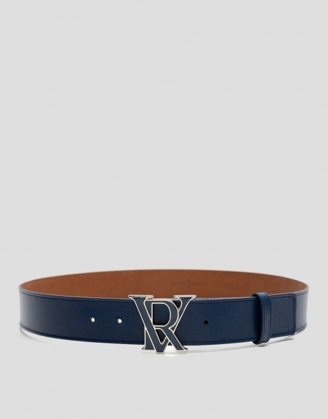 Blue Saffiano leather belt with enamelled buckle