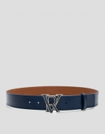 Blue Saffiano leather belt with enamel buckle