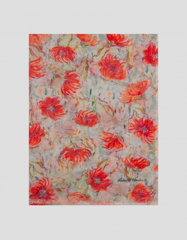 Fular mezcla algodón/lino estampado floral tonos rojos