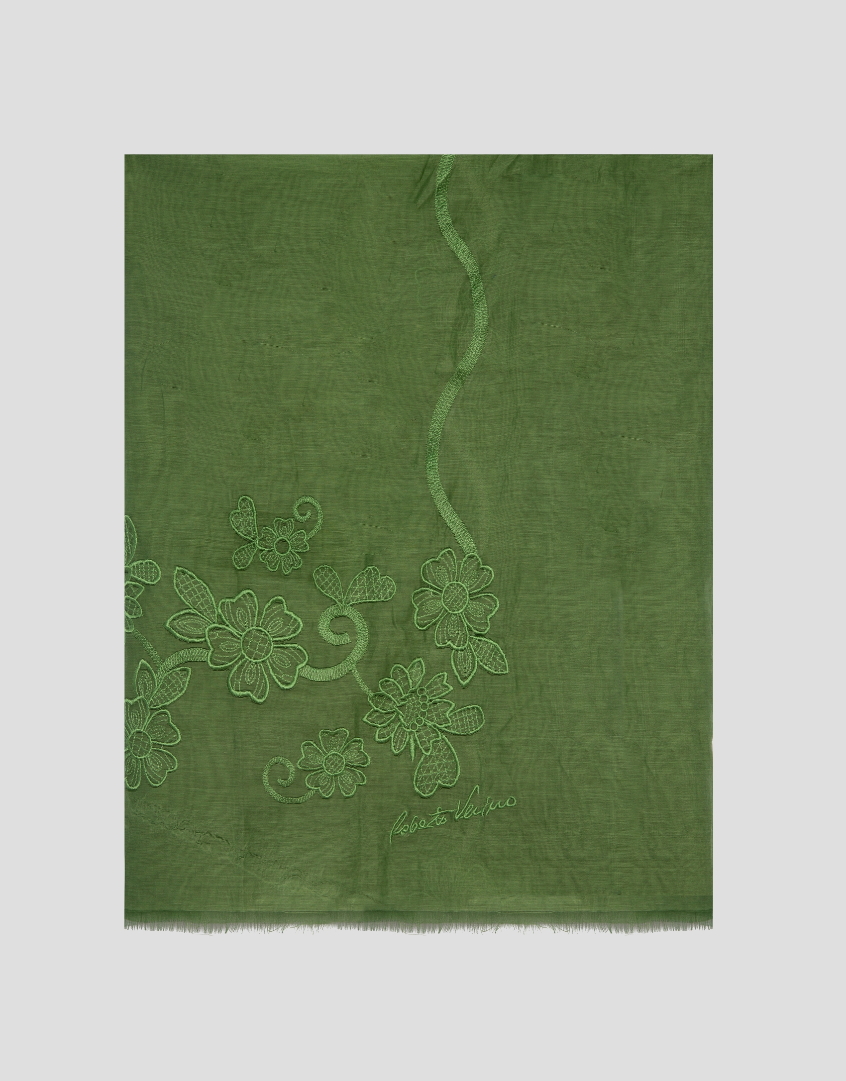 Green silk and cotton scarf with embroidery