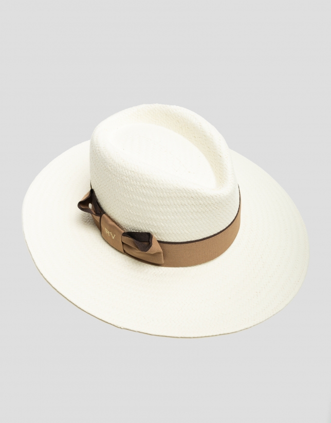 Sombrero ala ancha beige cinta cámel