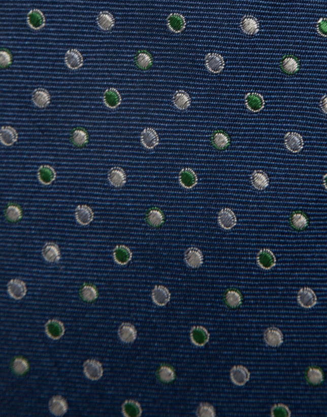 Corbata seda azul con jacquard lunares verde, celeste y blanco