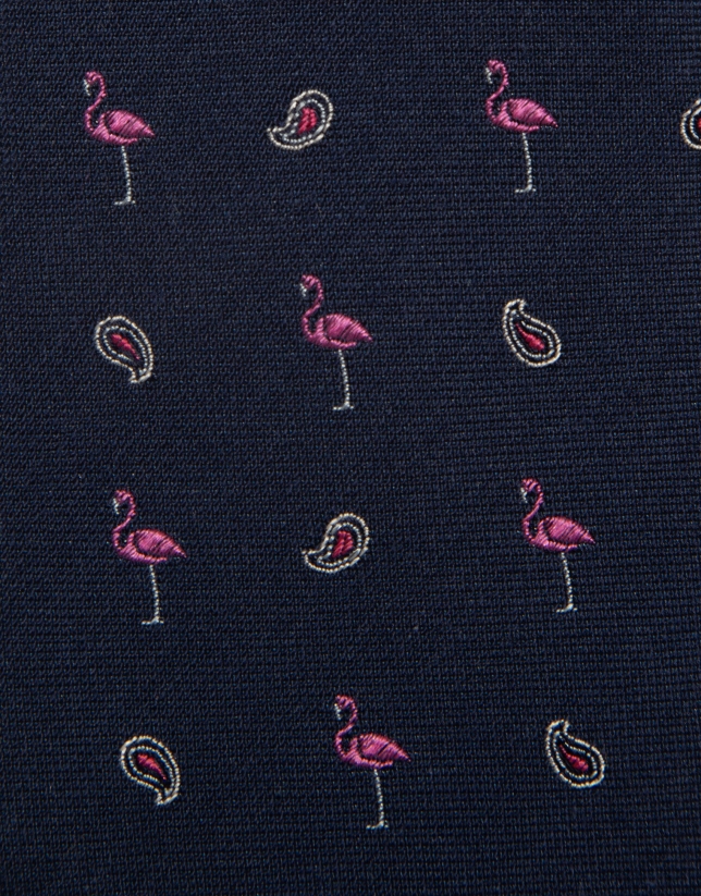 Navy blue silk tie with pink flamingo jacquard 